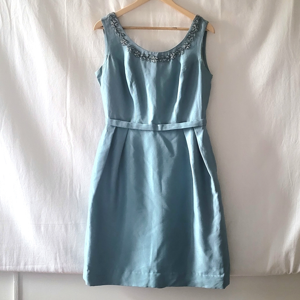 Vintage 1960s sheath dress hand beaded dusty turquoise semi formal mid century